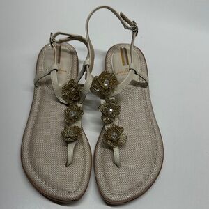 Sam Edelman Gigi Sandals Thong T-Strap Open Toe Shoes Beaded Floral Gold Size 8